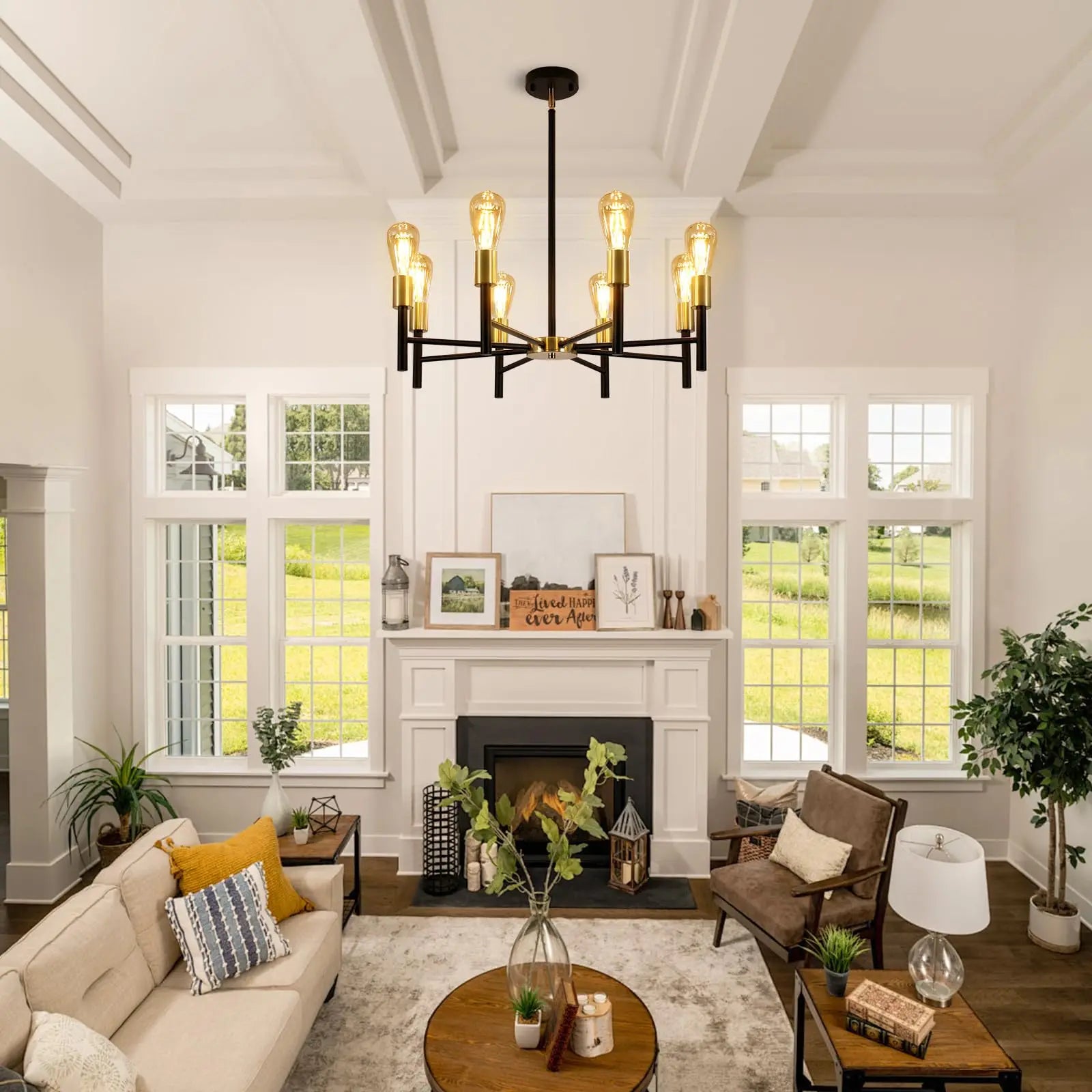 Black and Gold Chandelier,8 Light Chandeliers for Dining Room Light Fixtures Over Table,41.3 Inch Height Adjustable Farmhouse
