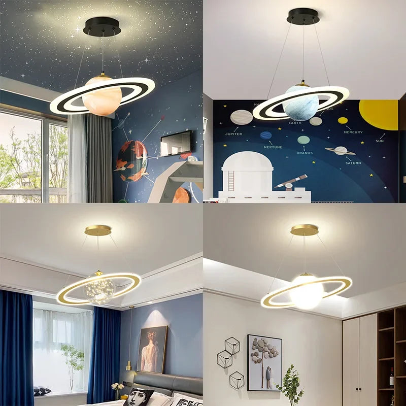 Modern LED Acrylic Planet Pendant Light Children Room Space Star Chandeliers Living Bedroom Kitchen Indoor Hanging Lighting
