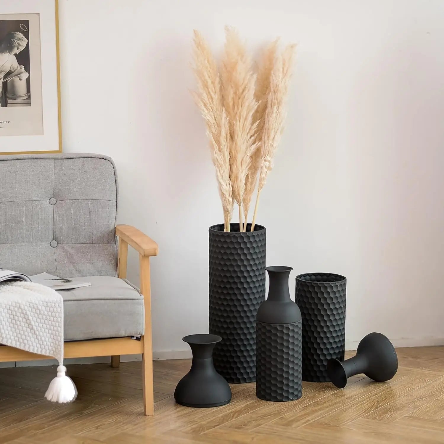 Modern 27" Black Metal Floor Vase Set