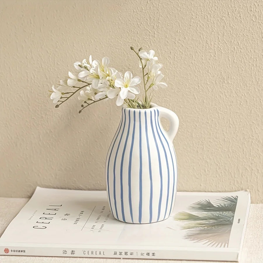 Hand-Painted Blue Striped Ceramic Vase