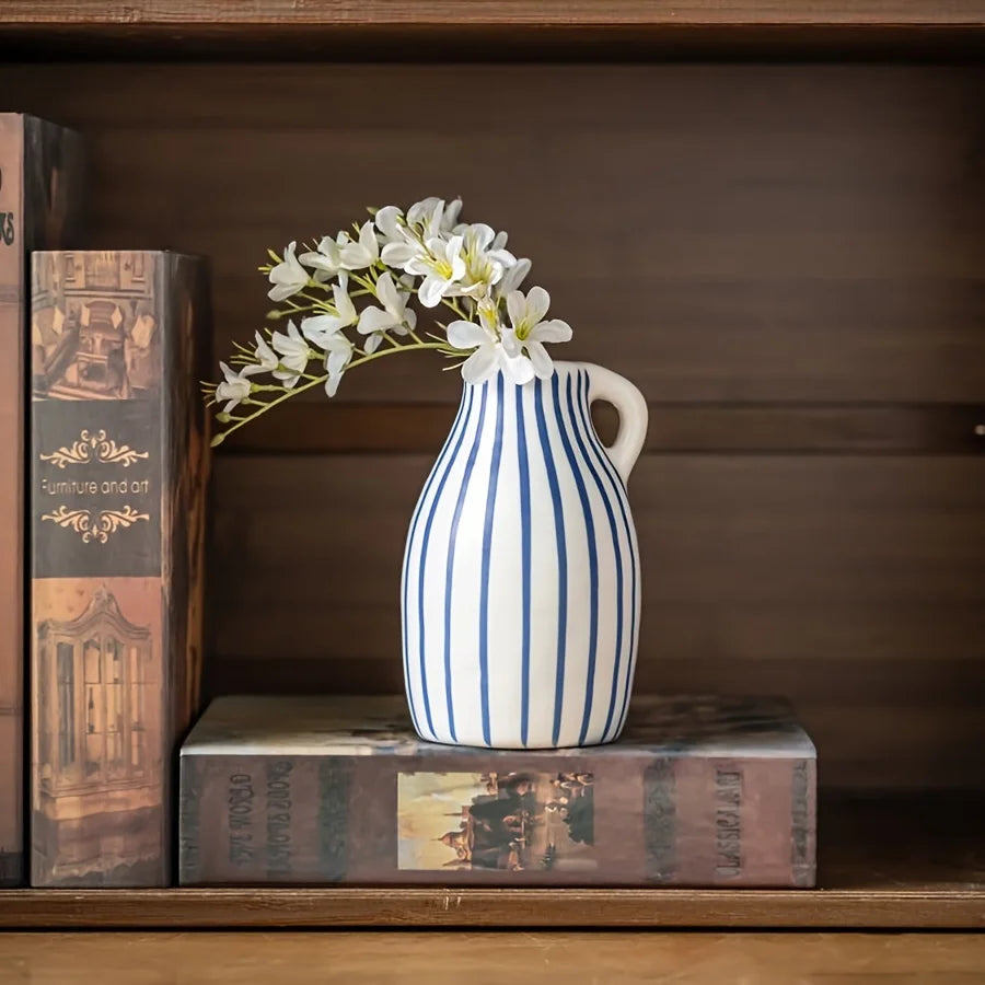 Hand-Painted Blue Striped Ceramic Vase
