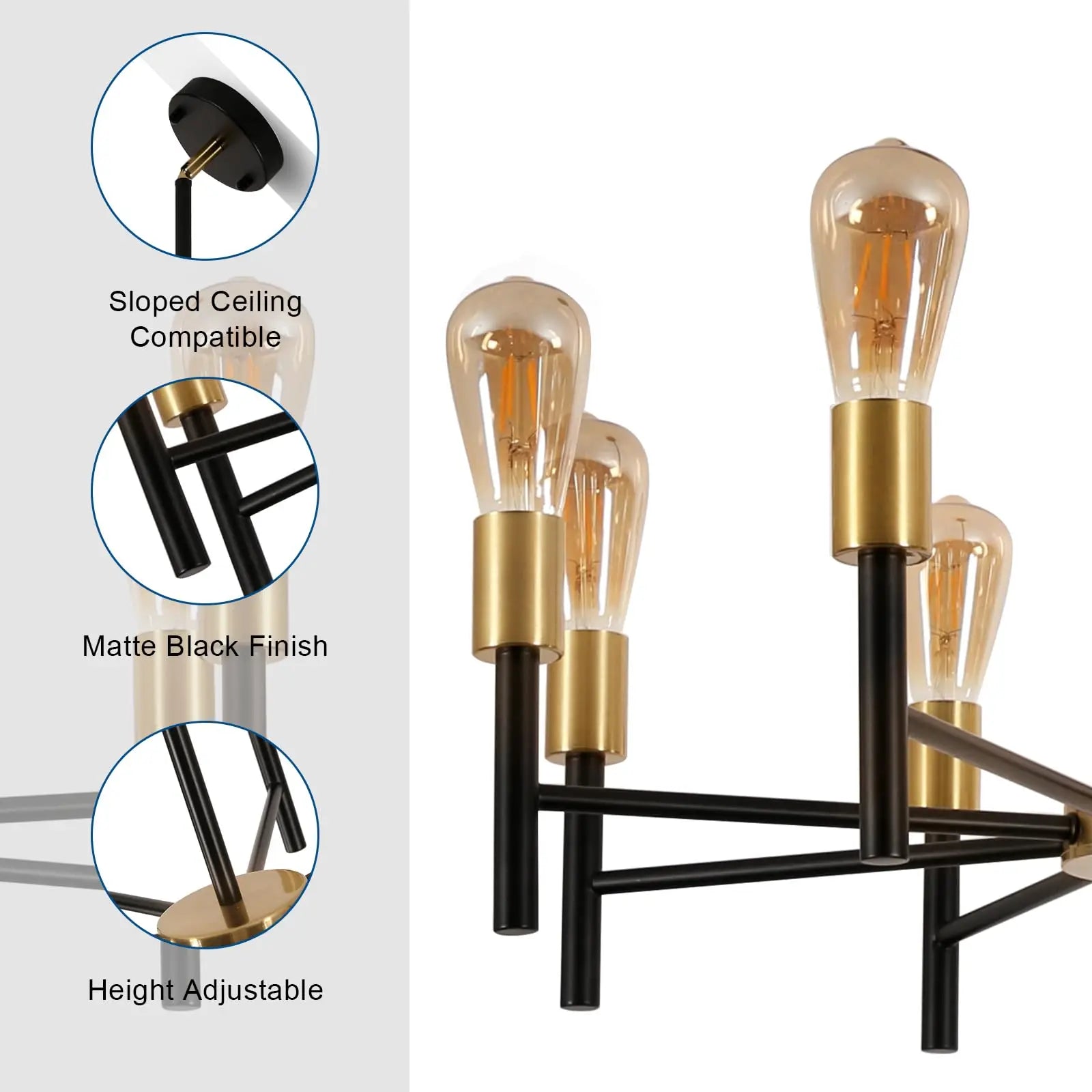 Black and Gold Chandelier,8 Light Chandeliers for Dining Room Light Fixtures Over Table,41.3 Inch Height Adjustable Farmhouse