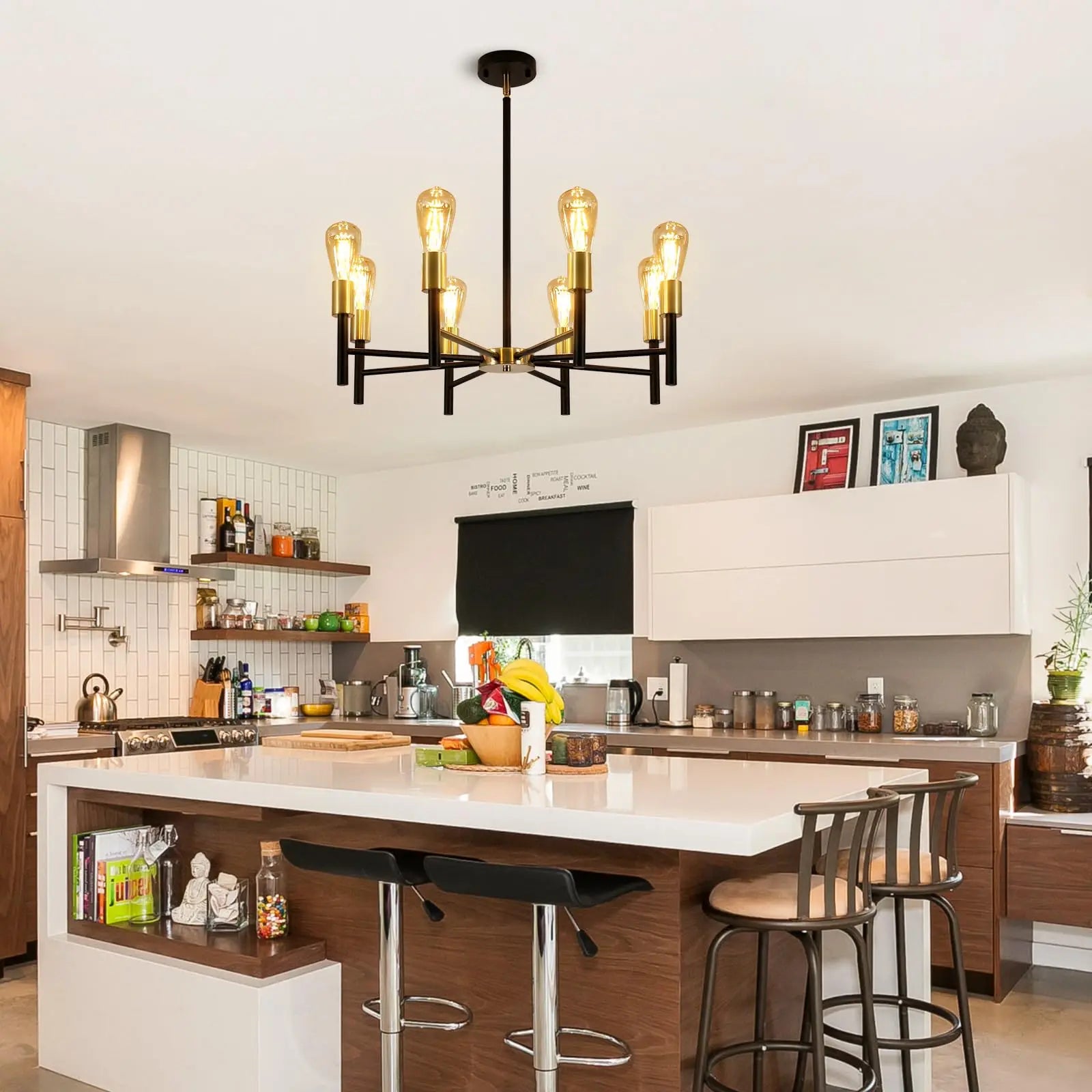 Black and Gold Chandelier,8 Light Chandeliers for Dining Room Light Fixtures Over Table,41.3 Inch Height Adjustable Farmhouse