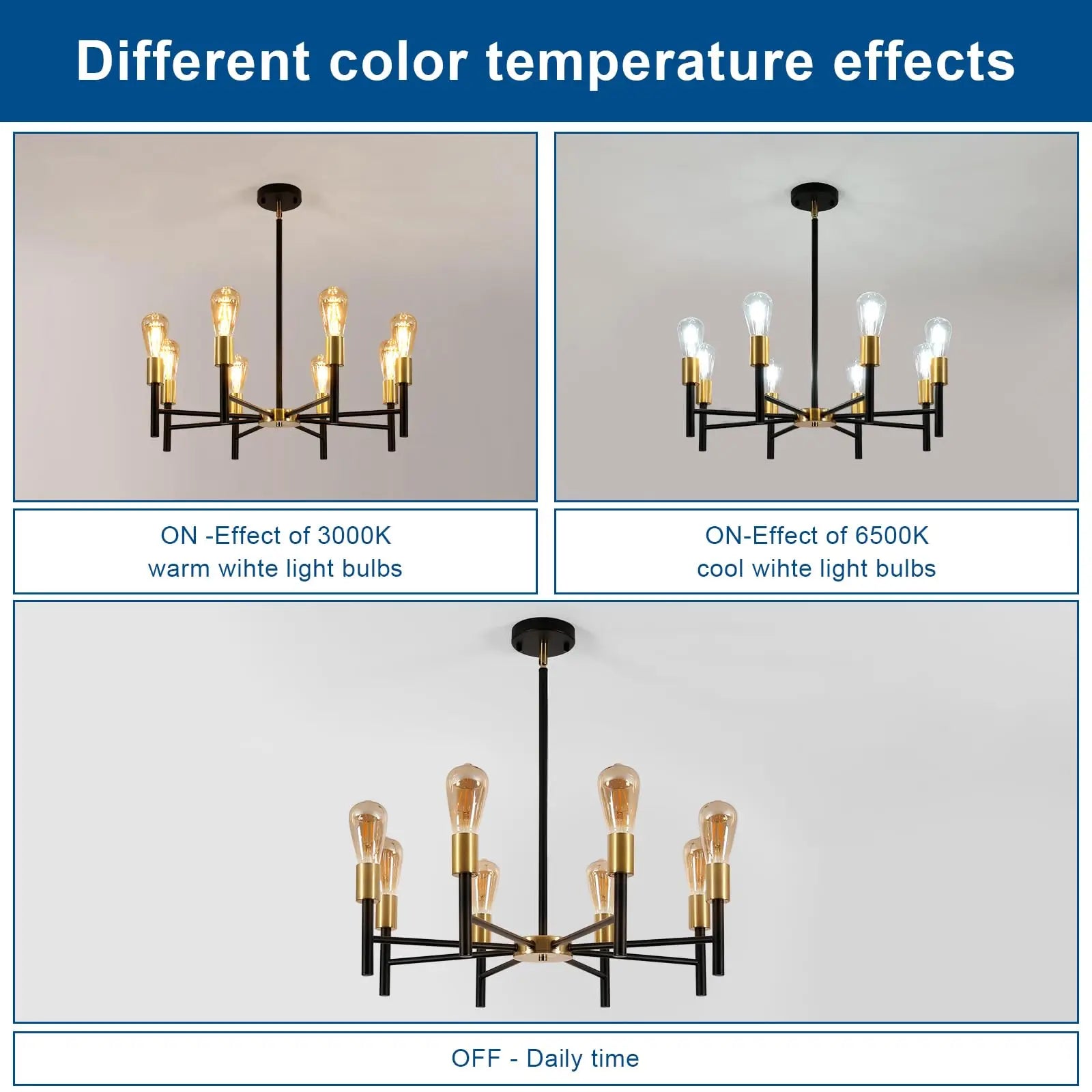 Black and Gold Chandelier,8 Light Chandeliers for Dining Room Light Fixtures Over Table,41.3 Inch Height Adjustable Farmhouse