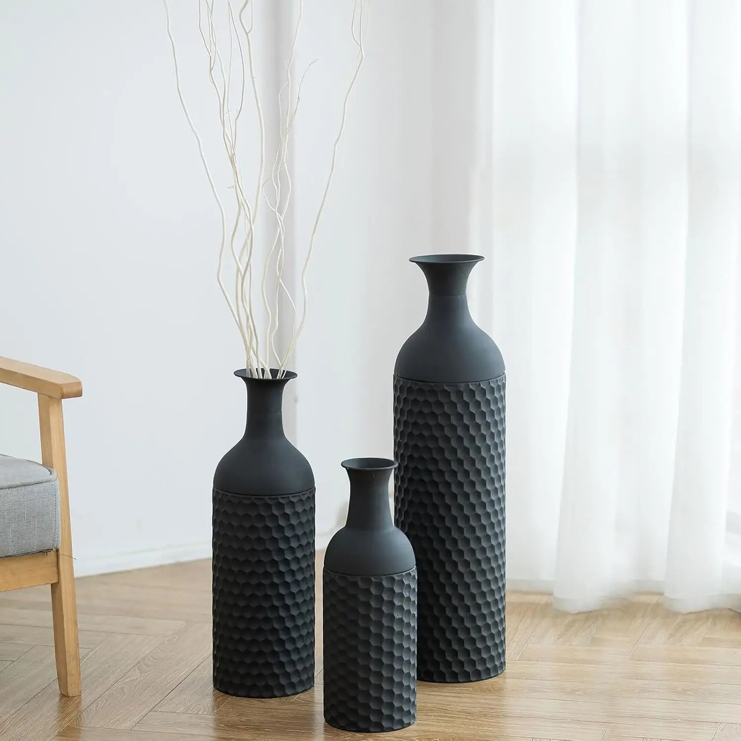 Modern 27" Black Metal Floor Vase Set