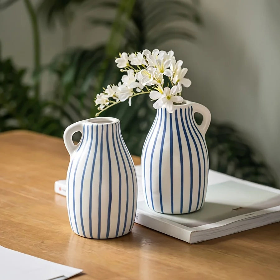 Hand-Painted Blue Striped Ceramic Vase