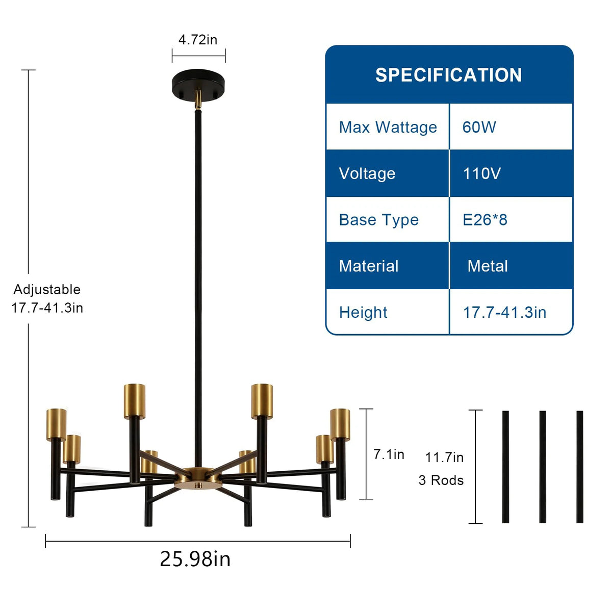 Black and Gold Chandelier,8 Light Chandeliers for Dining Room Light Fixtures Over Table,41.3 Inch Height Adjustable Farmhouse