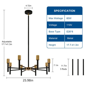 Black and Gold Chandelier,8 Light Chandeliers for Dining Room Light Fixtures Over Table,41.3 Inch Height Adjustable Farmhouse