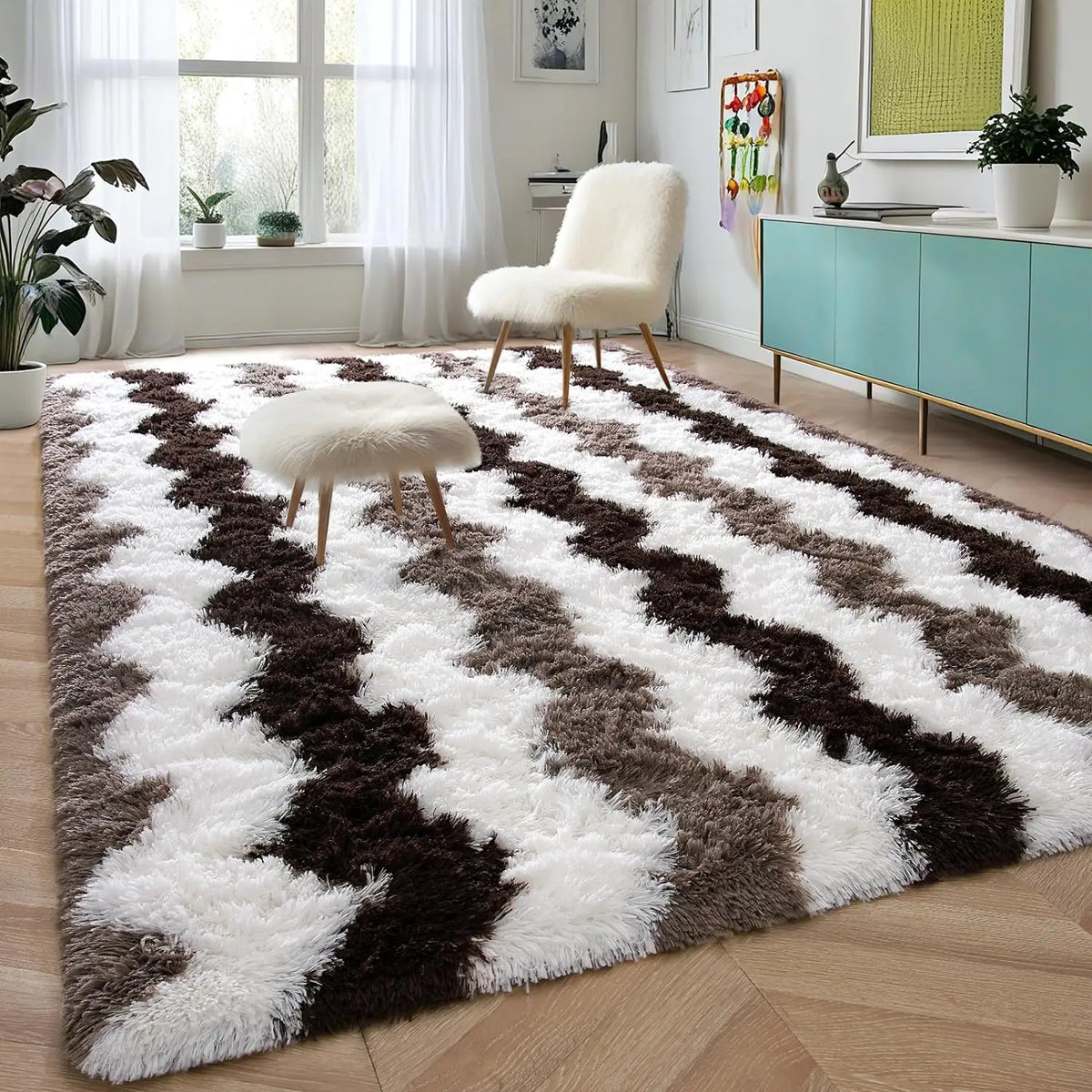 Plush Stripe Brown Shaggy Rug
