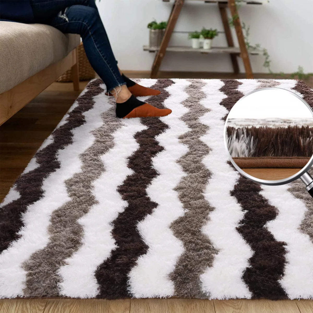Plush Stripe Brown Shaggy Rug