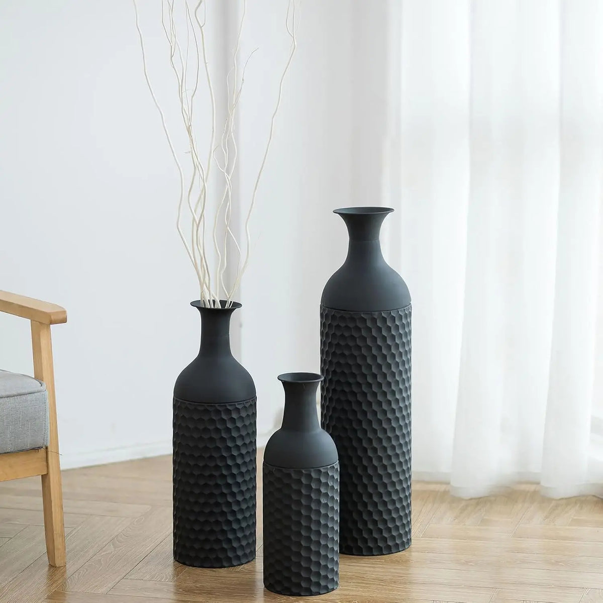 Modern 27" Black Metal Floor Vase Set